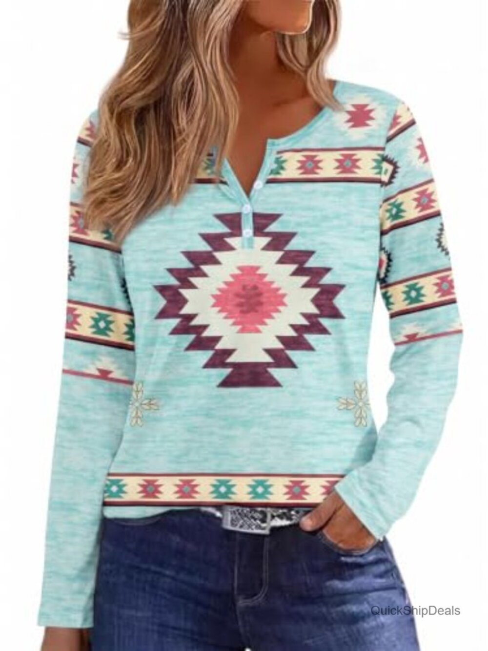 Aztec Graphic Long Sleeve Henley V-Neck Western Top Polyester Spandex